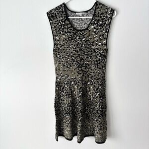 Rebecca Minkoff Black White Green Leopard Print Mini Sweater Dress Animal Print